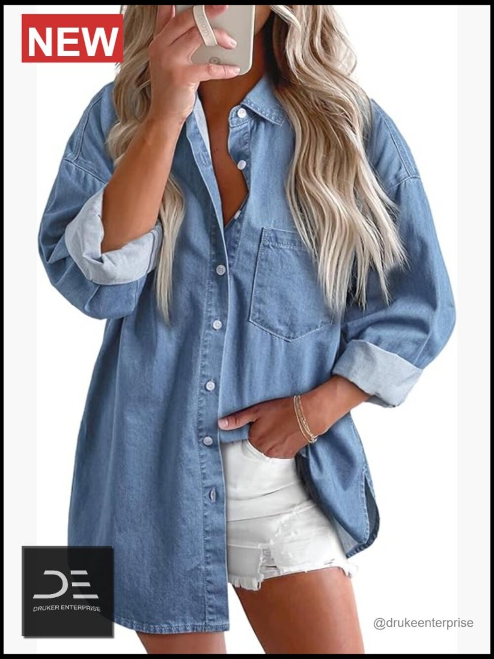 V-Neck Button Down Denim Shirt Long Sleeve Blouse Casual Top